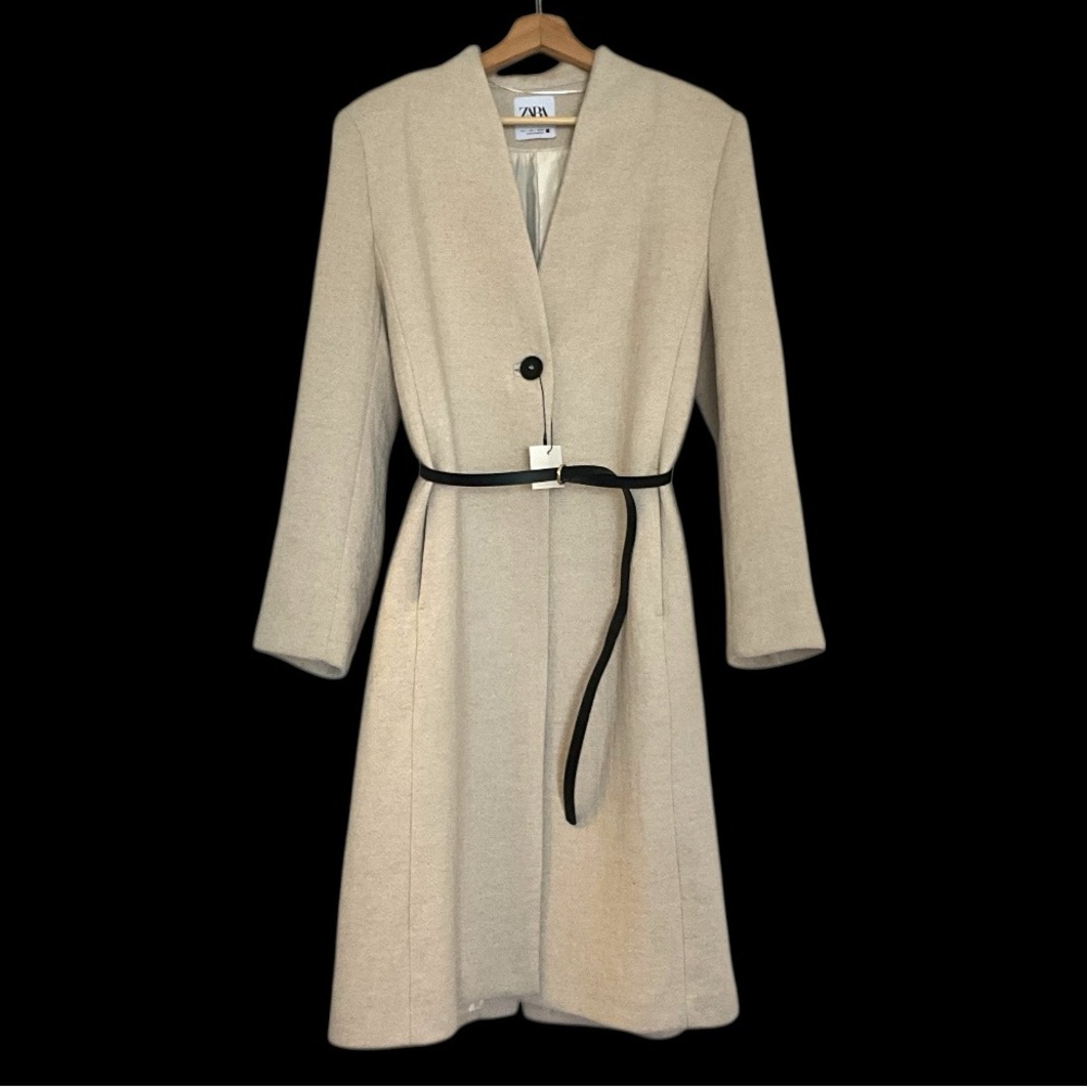 NWT Zara Wool Blend Coat With Leather Belt - Picture 9 of 13